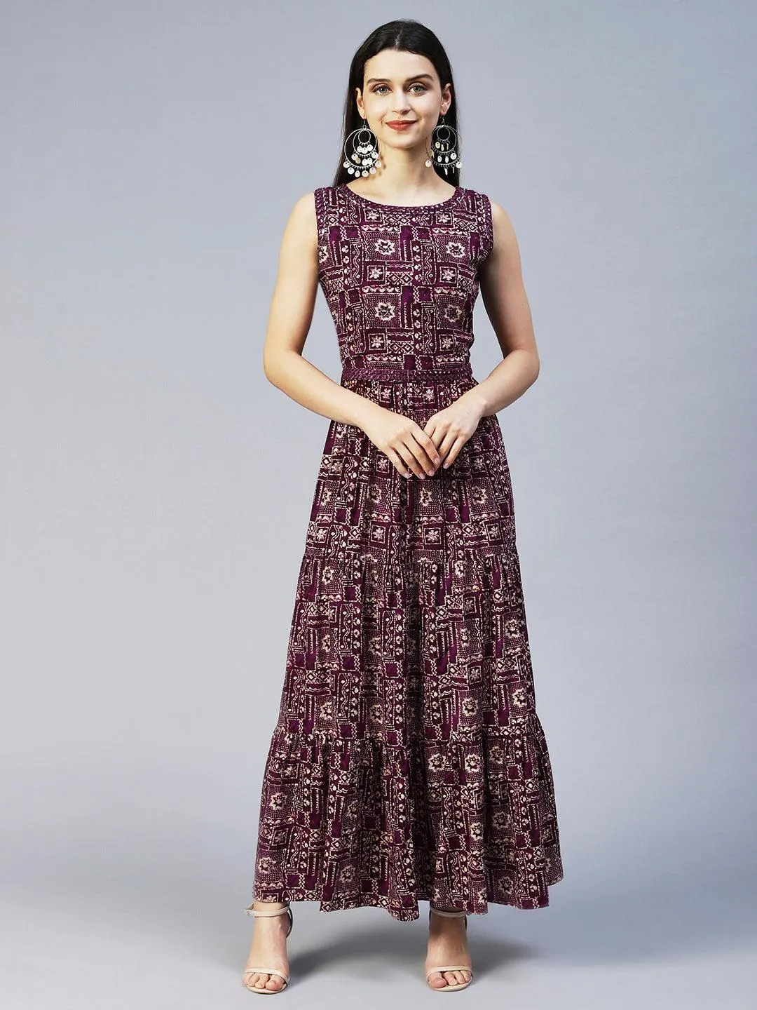 Ethnic Printed & Embroidered Tiered Flared Maxi Dress - Wine