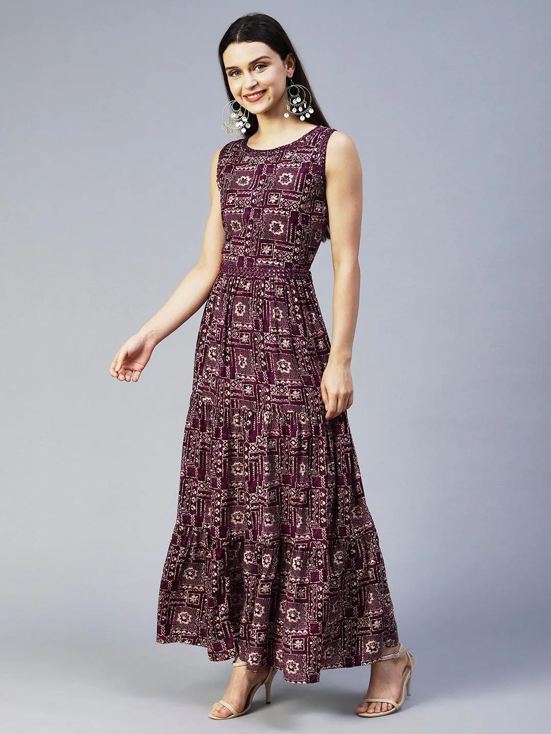 Ethnic Printed & Embroidered Tiered Flared Maxi Dress - Wine