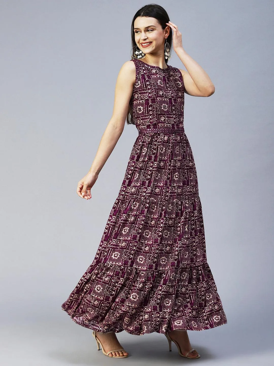 Ethnic Printed & Embroidered Tiered Flared Maxi Dress - Wine