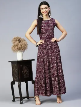 Ethnic Printed & Embroidered Tiered Flared Maxi Dress - Wine