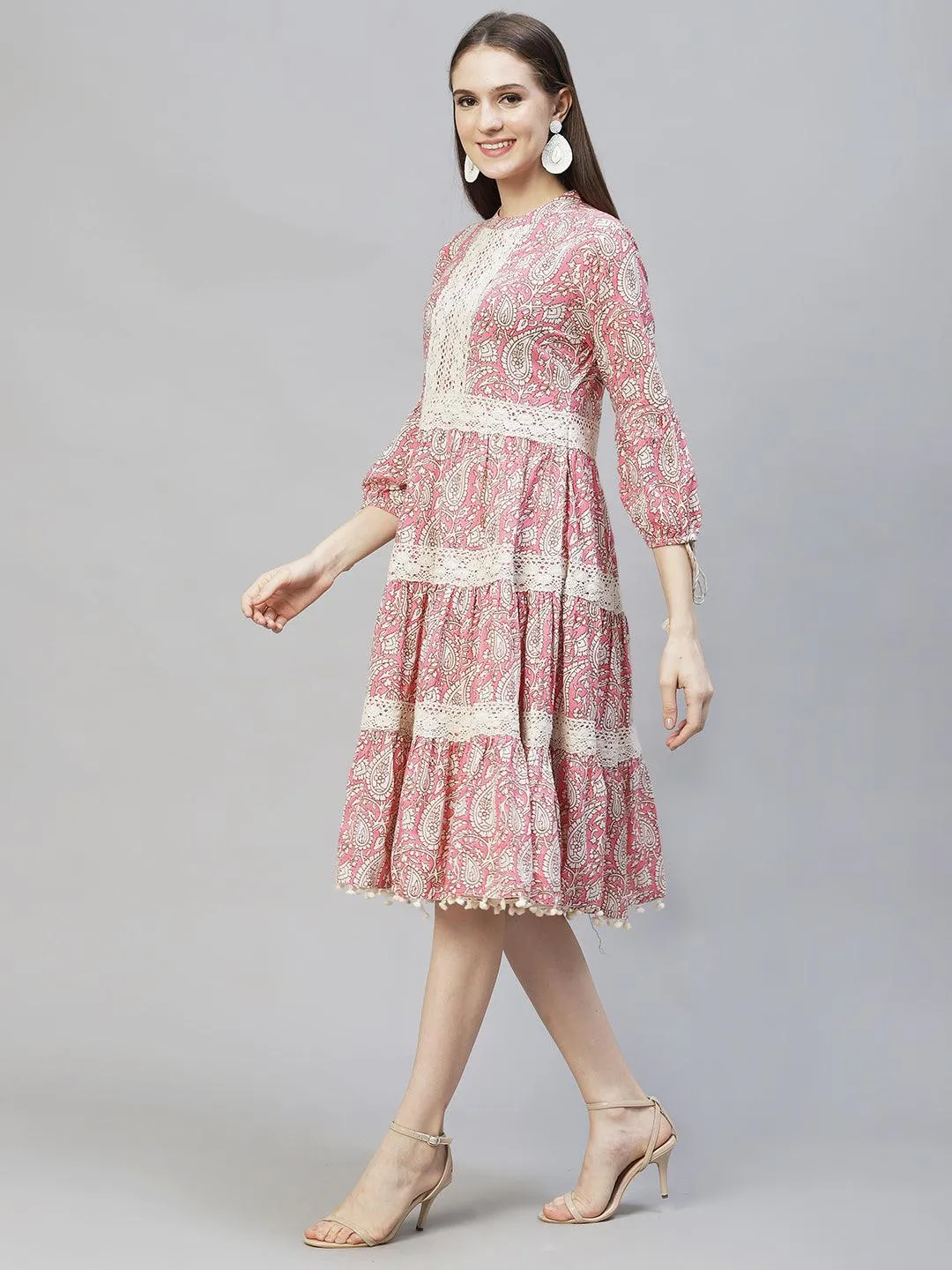 Ethnic Printed & Embroidered Tiered Flared Midi Dress - Pink