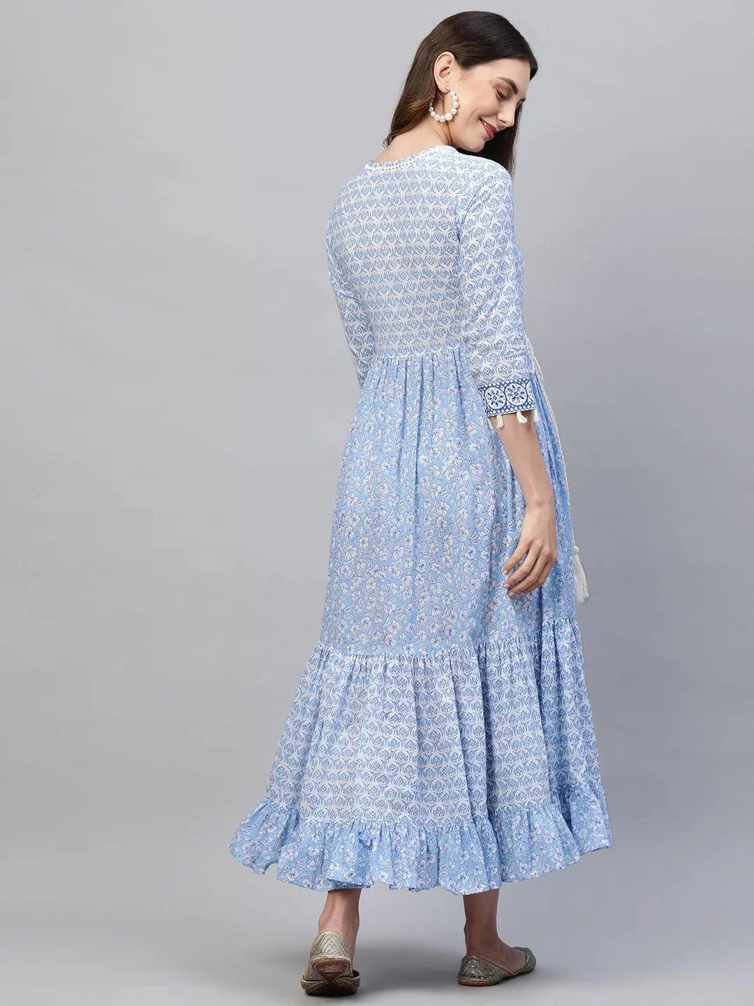 Floral Block Printed & Hand Embroidered Tiered Maxi - Sky Blue