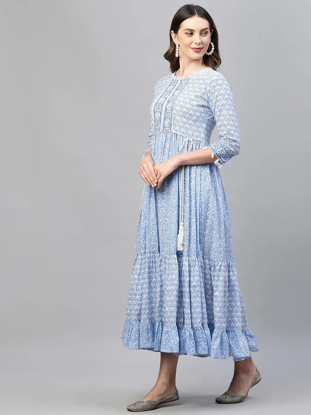 Floral Block Printed & Hand Embroidered Tiered Maxi - Sky Blue