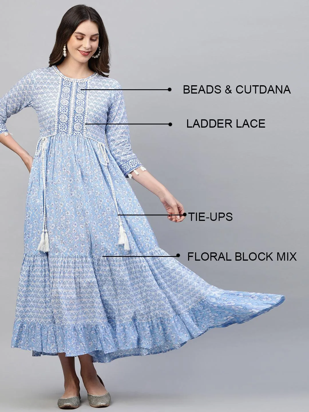 Floral Block Printed & Hand Embroidered Tiered Maxi - Sky Blue