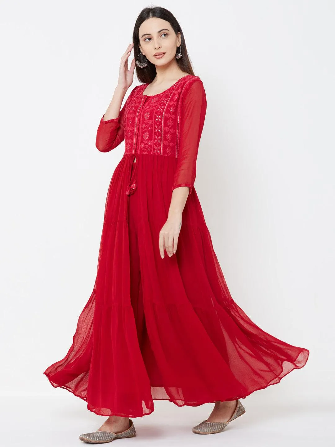 Floral embroidered Tiered Kurta with Solid Palazzo – Cherry Red