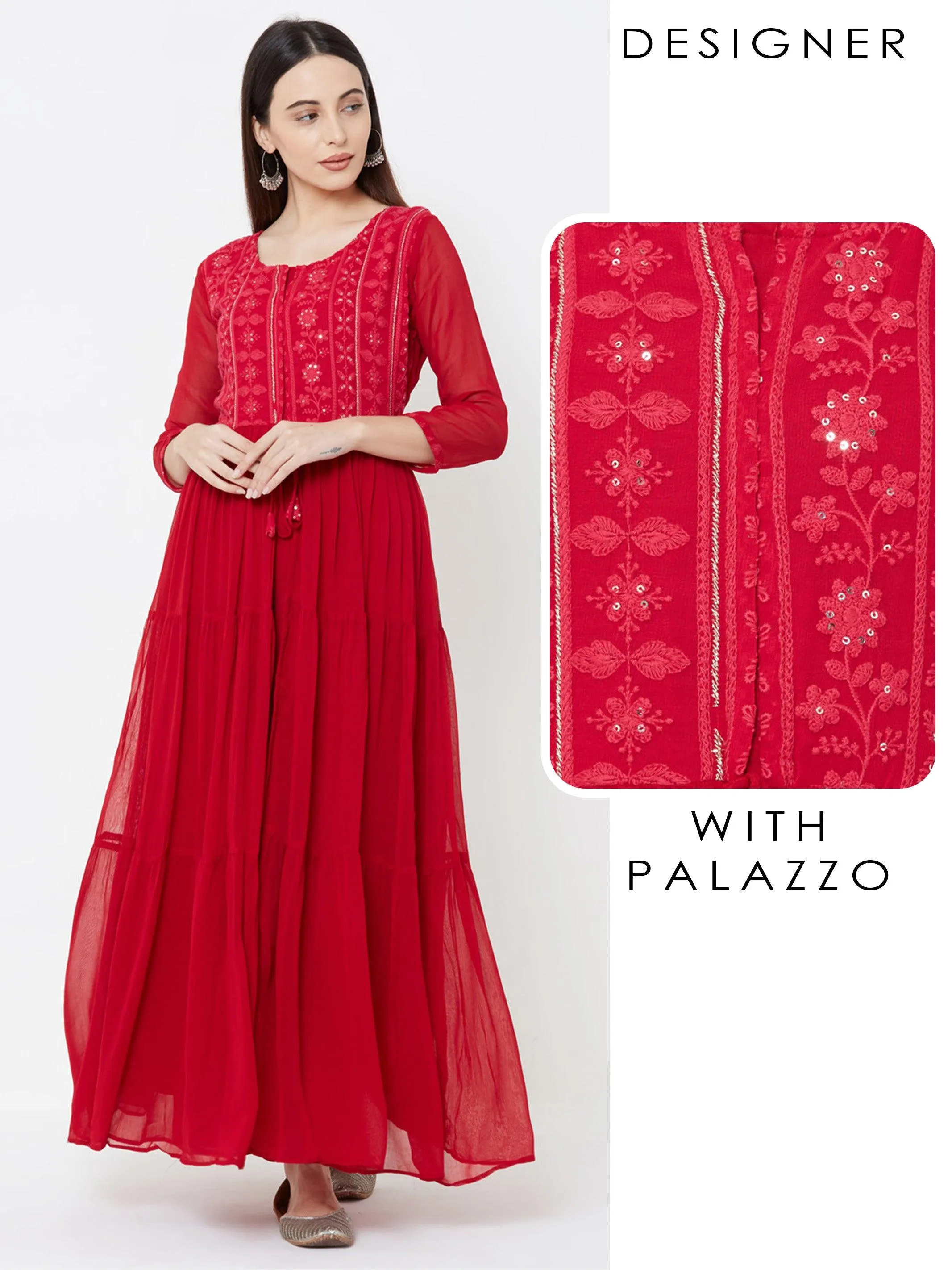 Floral embroidered Tiered Kurta with Solid Palazzo – Cherry Red