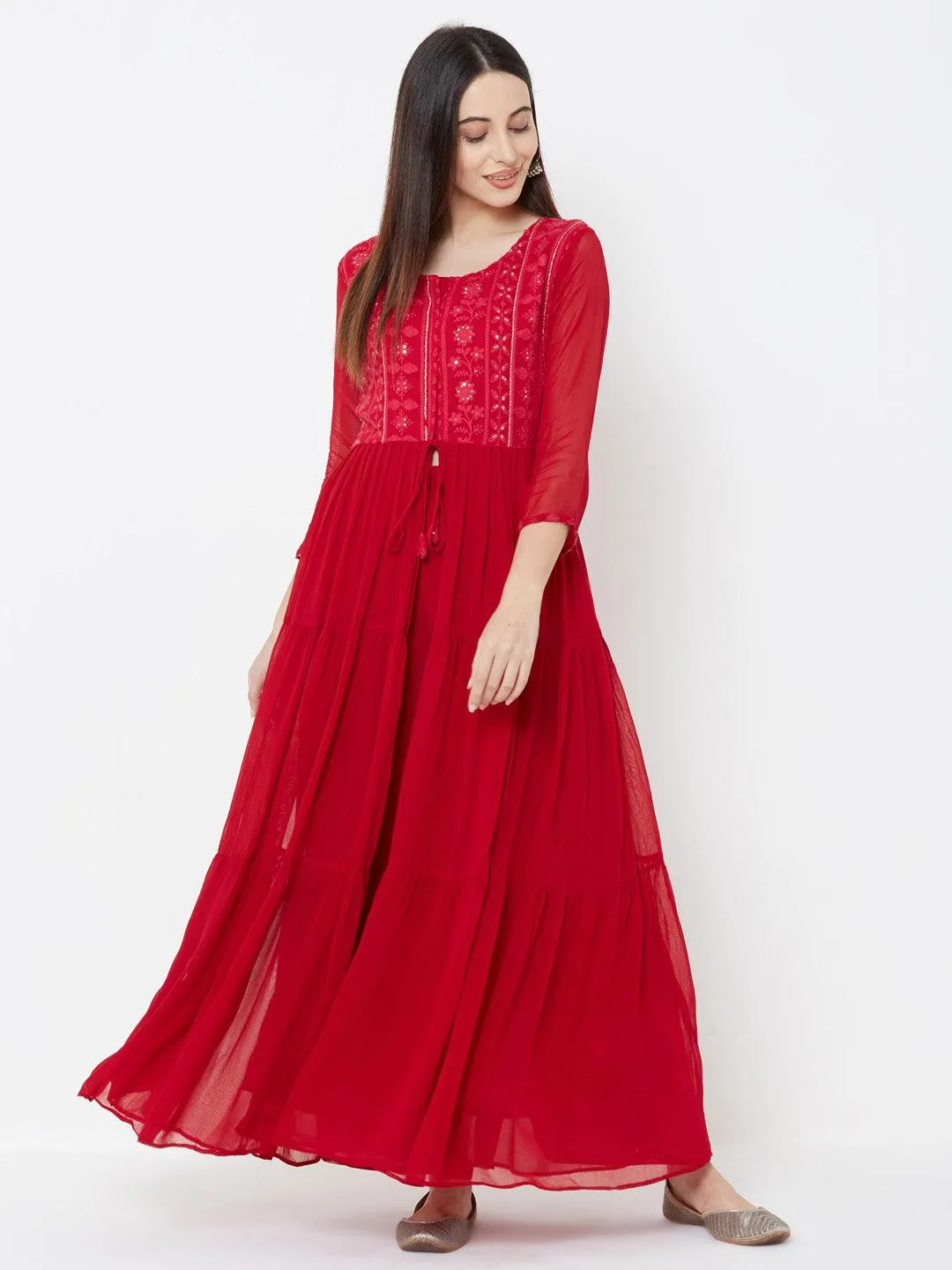 Floral embroidered Tiered Kurta with Solid Palazzo – Cherry Red