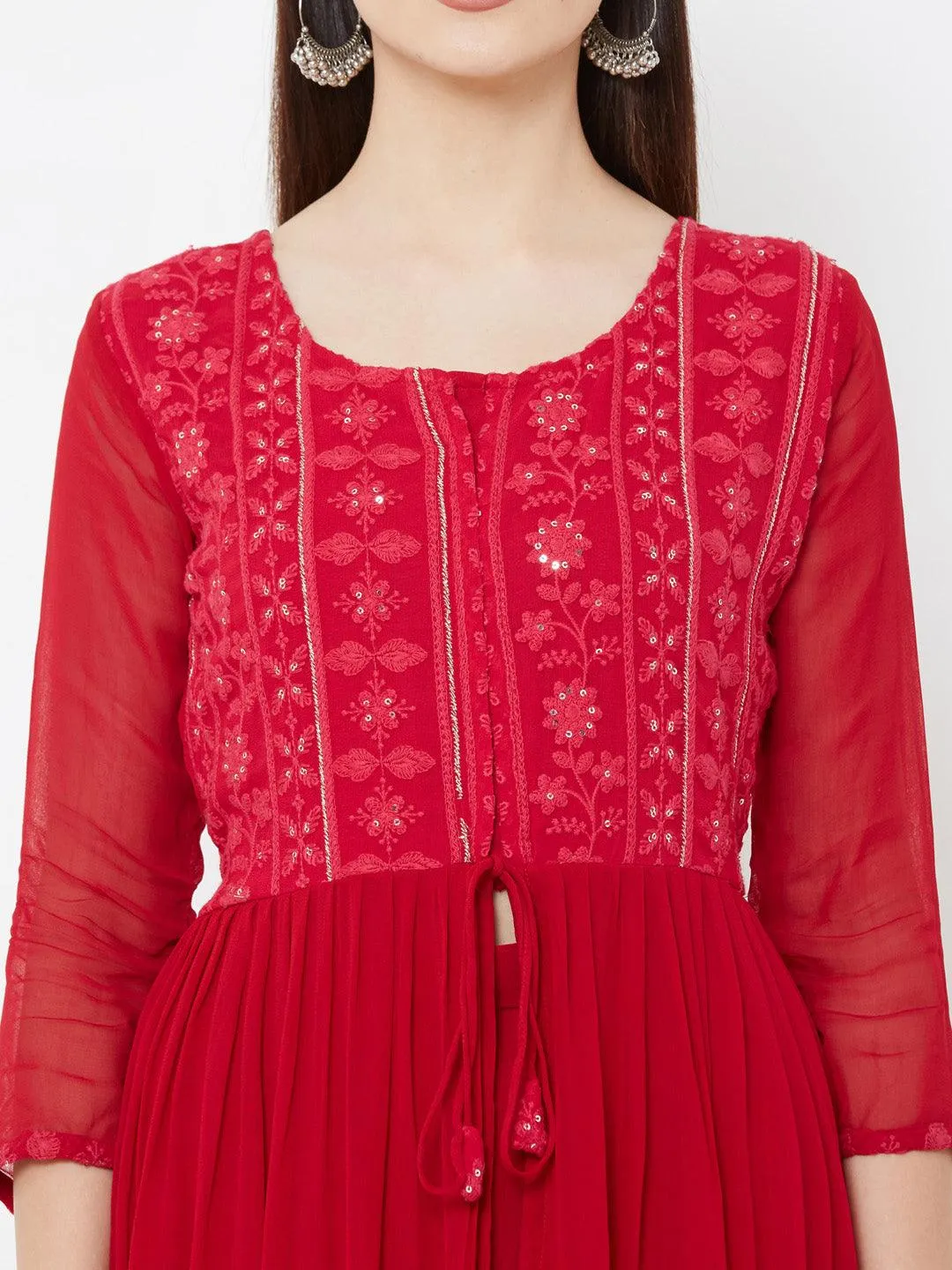 Floral embroidered Tiered Kurta with Solid Palazzo – Cherry Red