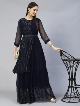 Floral Hand Embroidered Tiered Flared Maxi Dress - Navy Blue