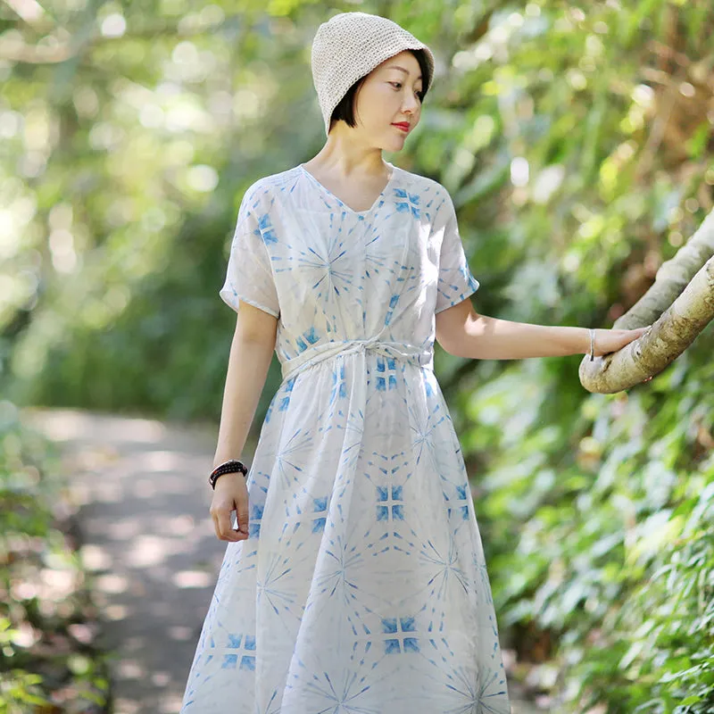 Floral White Women Dresses 100% Linen Dresses With Wait Belt Spring Summer Women Dresses WC961842