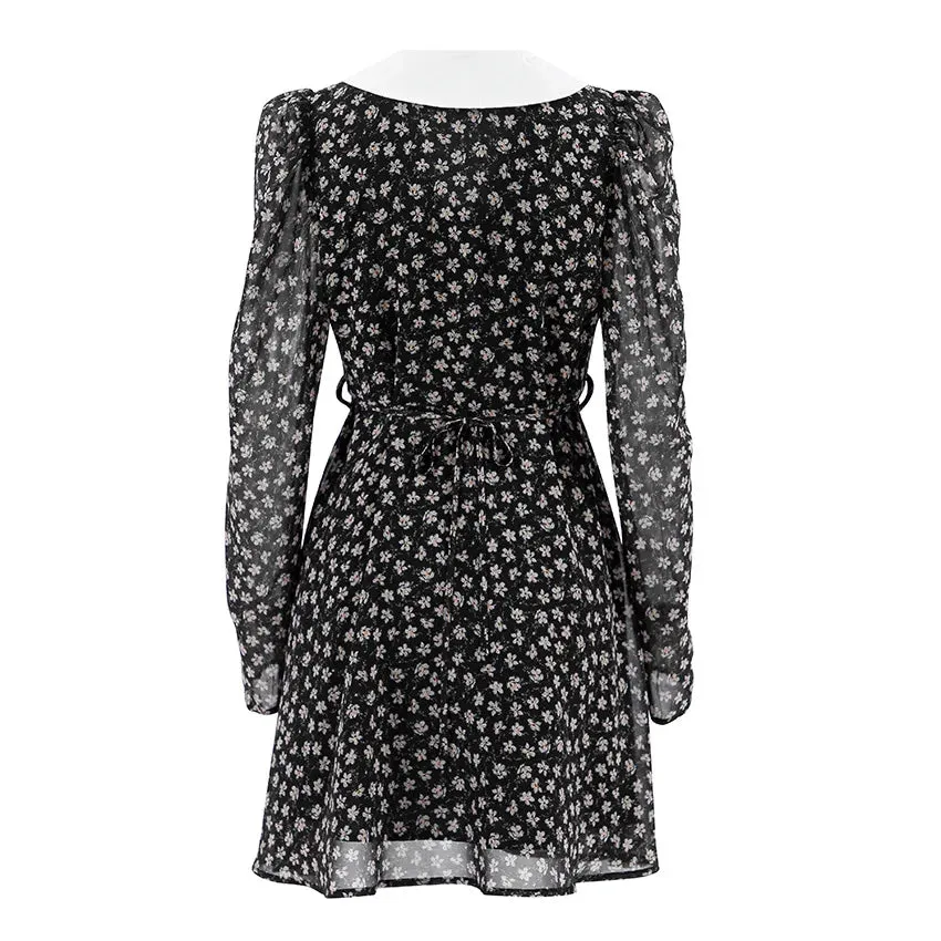 French Elegant Puff Sleeve Women's Doll Collar Waist Long Sleeve A-Link Skirt Summer Floral Dress