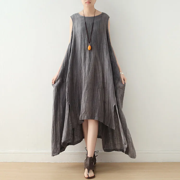 Gray l Linen Cotton Women Loose Strap Dresses Summer Long Irregular Women Dresses AMT962229