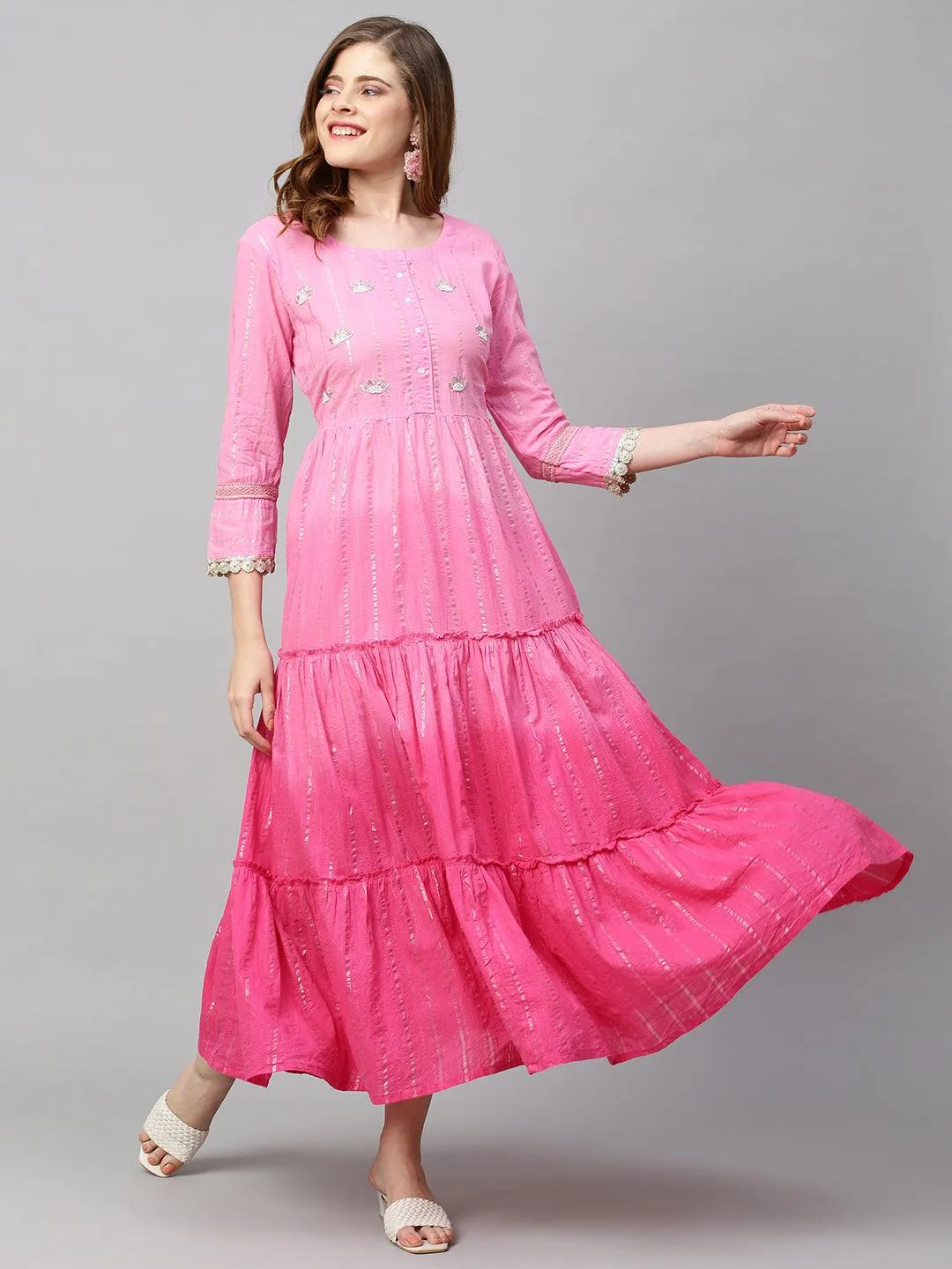 Hand Embroidered & Lurex Striped Tiered Flared Maxi Dress - Pink