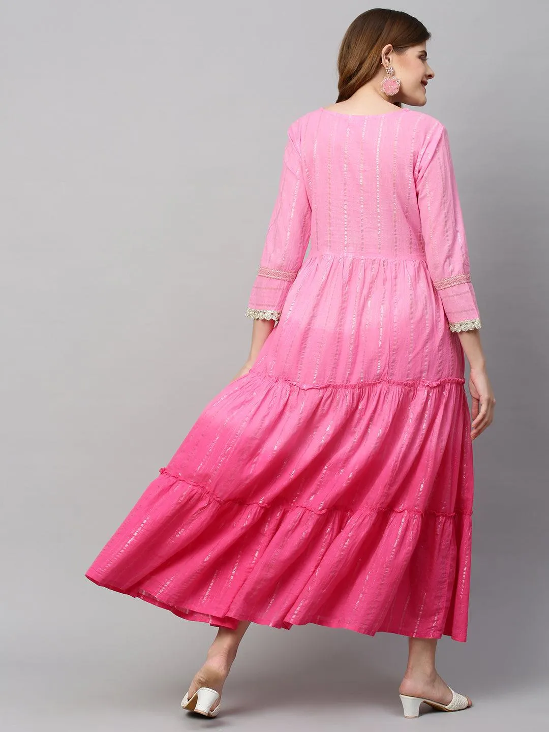 Hand Embroidered & Lurex Striped Tiered Flared Maxi Dress - Pink