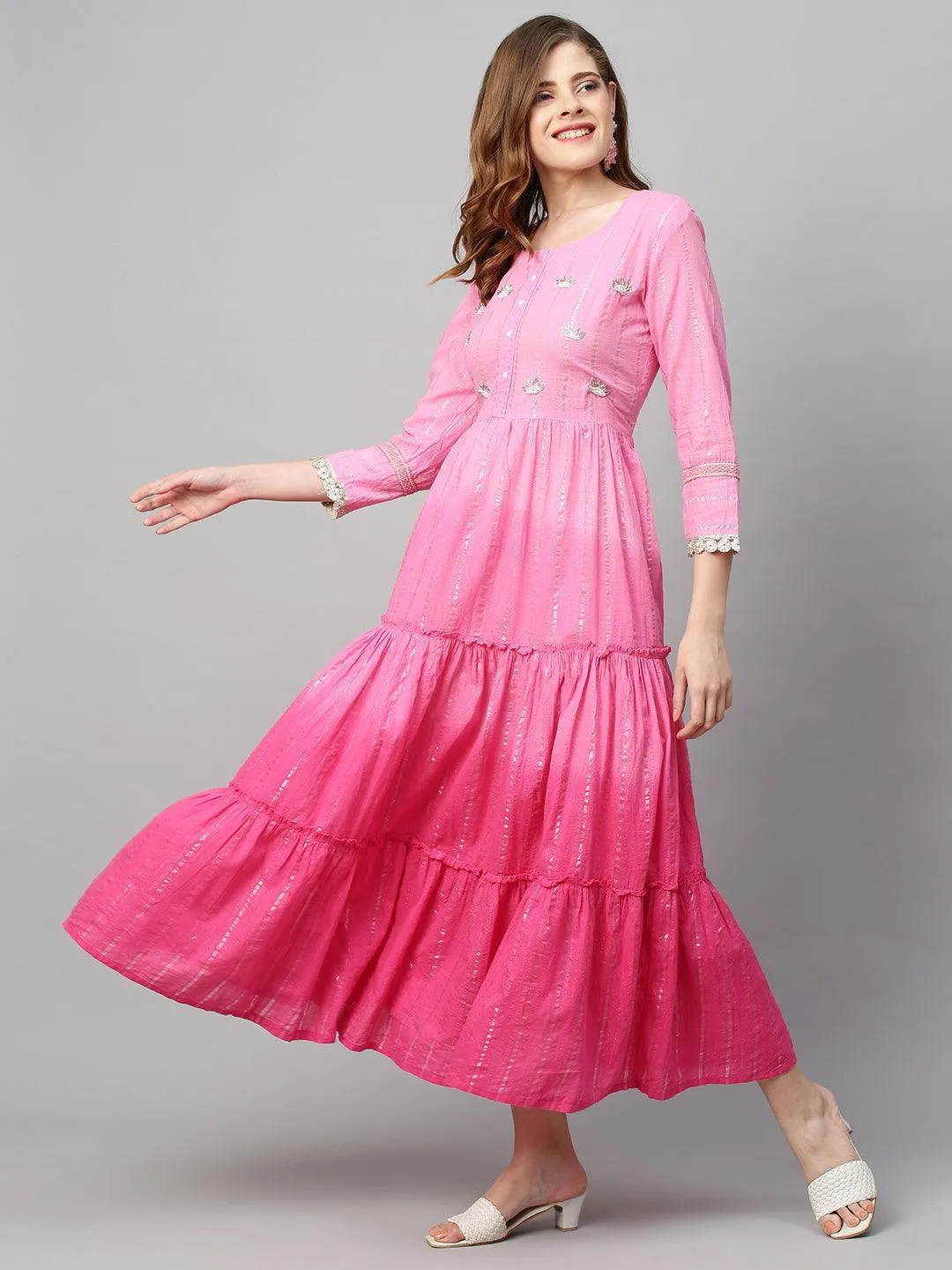 Hand Embroidered & Lurex Striped Tiered Flared Maxi Dress - Pink