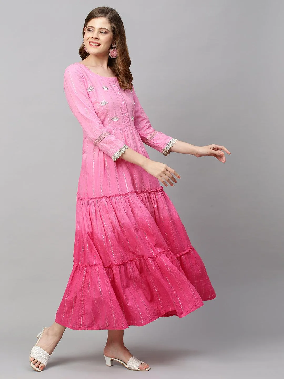 Hand Embroidered & Lurex Striped Tiered Flared Maxi Dress - Pink