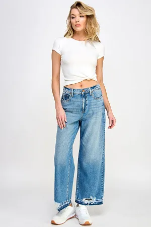 HIGH RISE WIDE LEG JEANS WITH DISTRESSED RELEASE HEM IN MEDIUM VINTAGE   /  SP-P12700