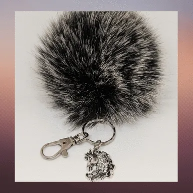 Horse Keychain/Faux Fur Pom Pom Charm Key Chain-Purse Charm/Journal Charm