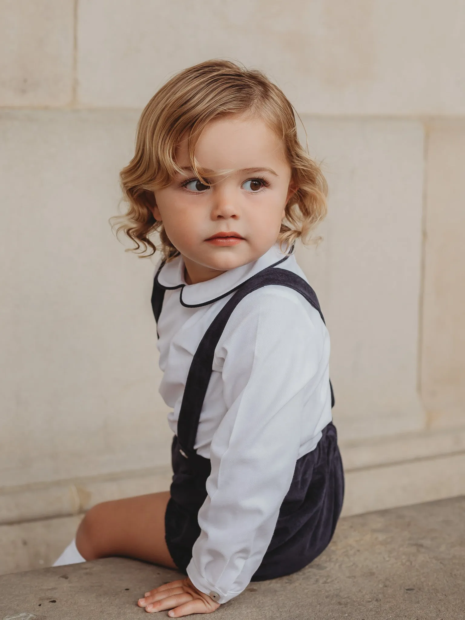 'James' navy babycord dungaree and shirt set