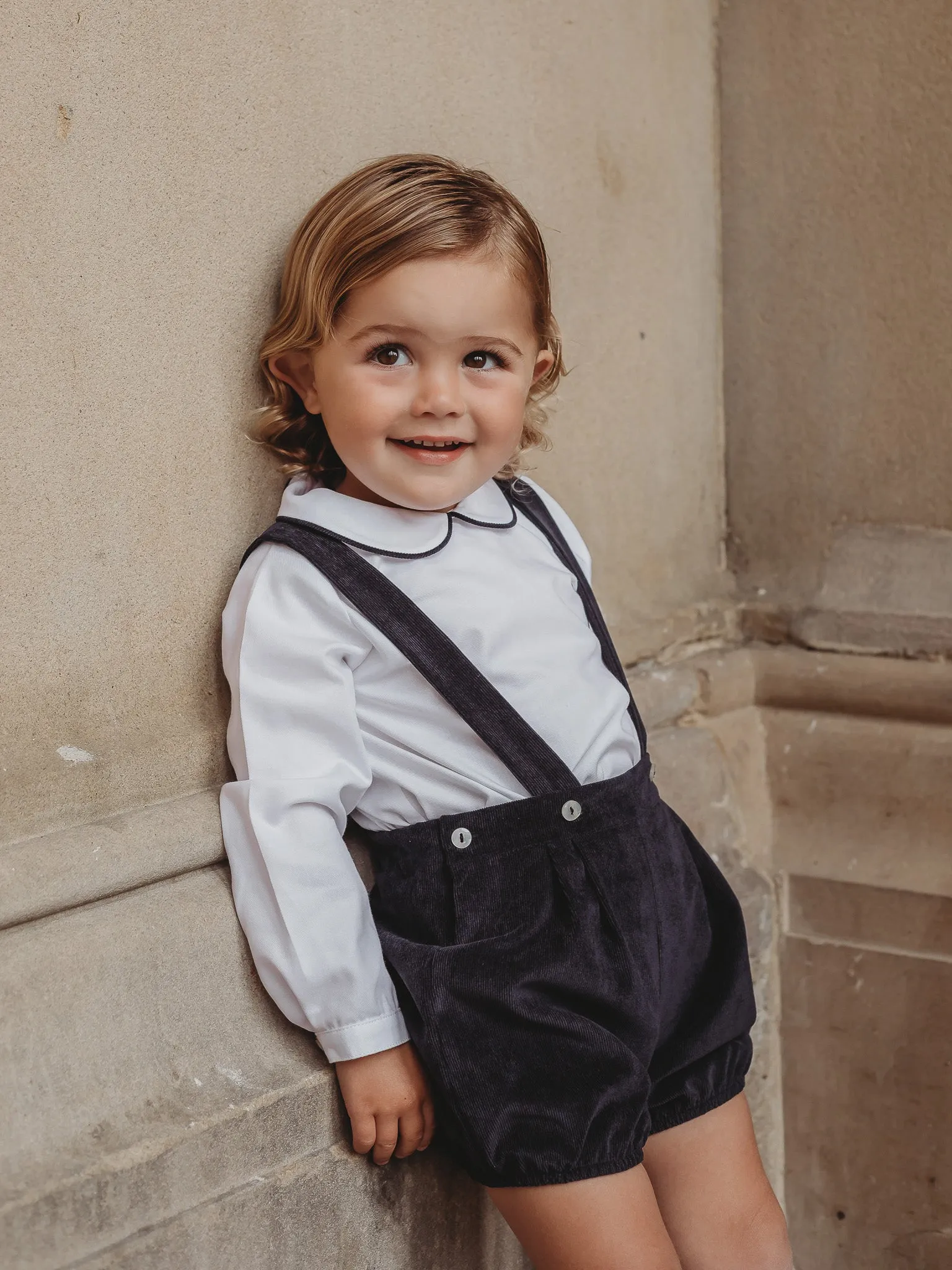 'James' navy babycord dungaree and shirt set