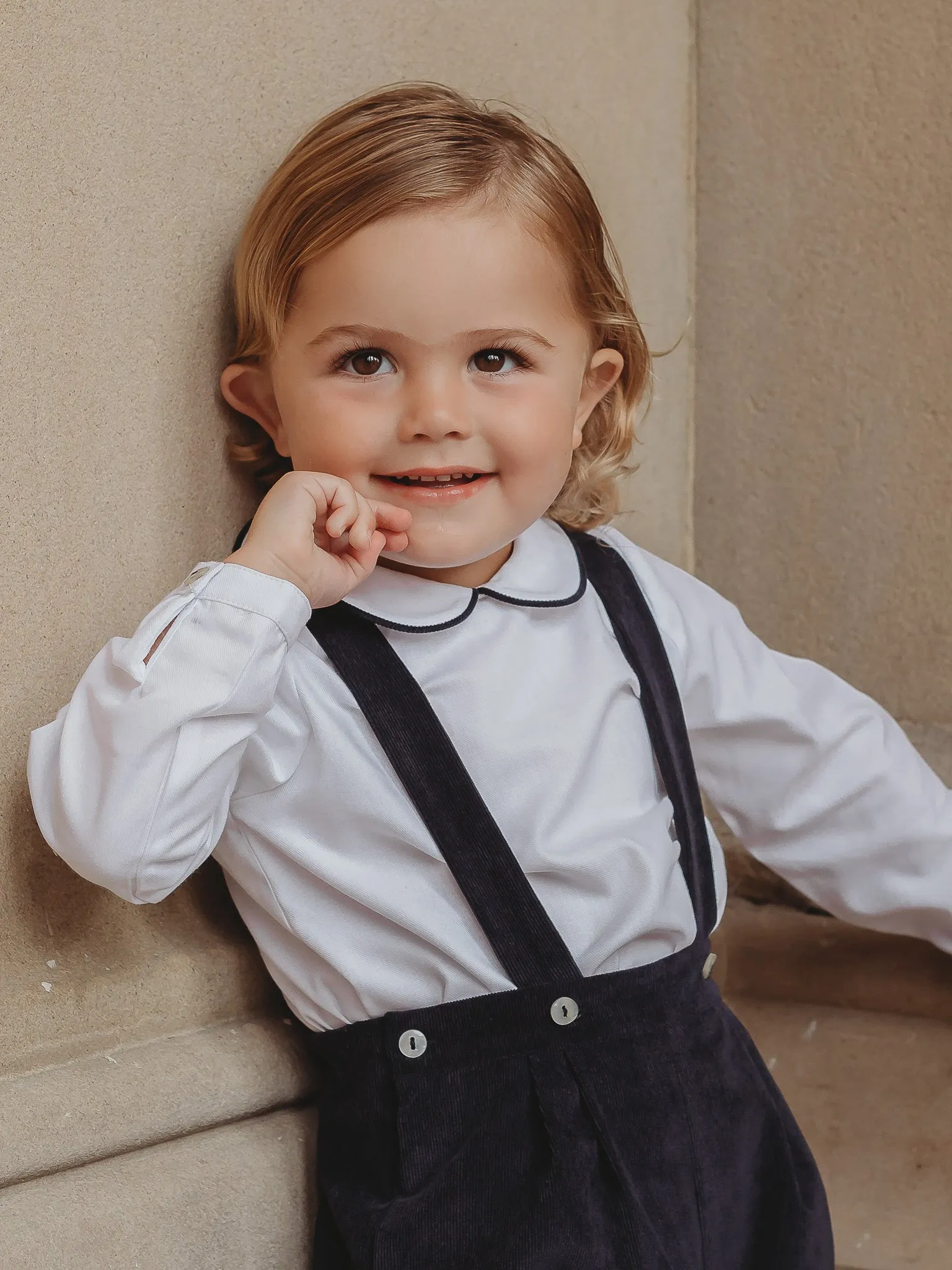 'James' navy babycord dungaree and shirt set