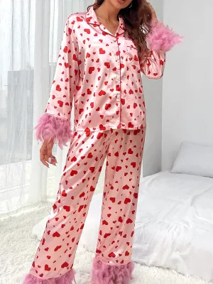 Long Sleeve Lapel Button Down Feather Sleepwear Satin Pajamas