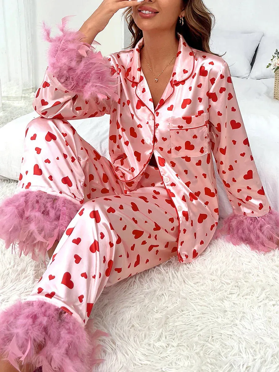 Long Sleeve Lapel Button Down Feather Sleepwear Satin Pajamas