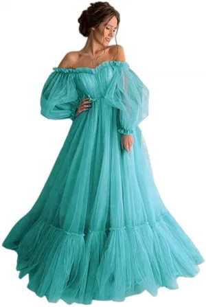 LORIE Blue Prom Dresses Long Sleeve Off the Shoulder Princess Dress  Tulle Lace-up Formal Evening Party Dresses Plus Size