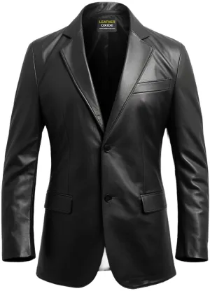 Men Black leather Two Button Blazer - Leather Blazer for Men