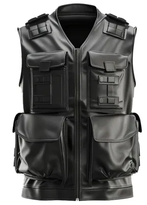 Men Black Military Leather Vest