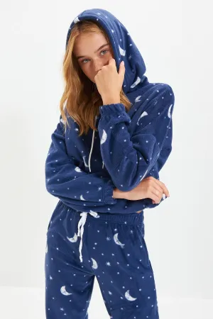 Navy Blue Hooded Fleece Knitted Pajamas Set THMAW22PT0365