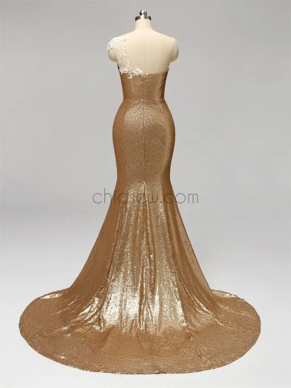 One Shoulder Gold Sequin Side Slit Mermaid Long Bridesmaid Dresses XDM1117