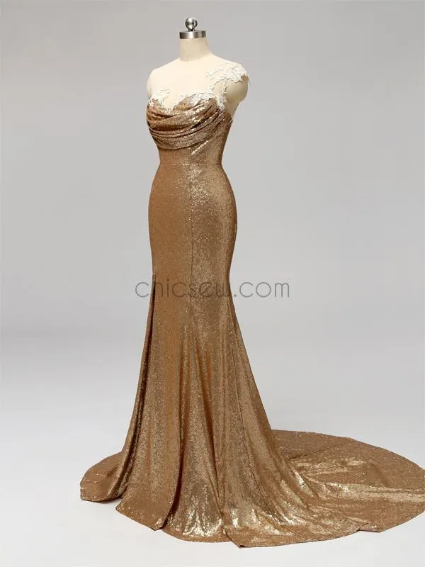 One Shoulder Gold Sequin Side Slit Mermaid Long Bridesmaid Dresses XDM1117