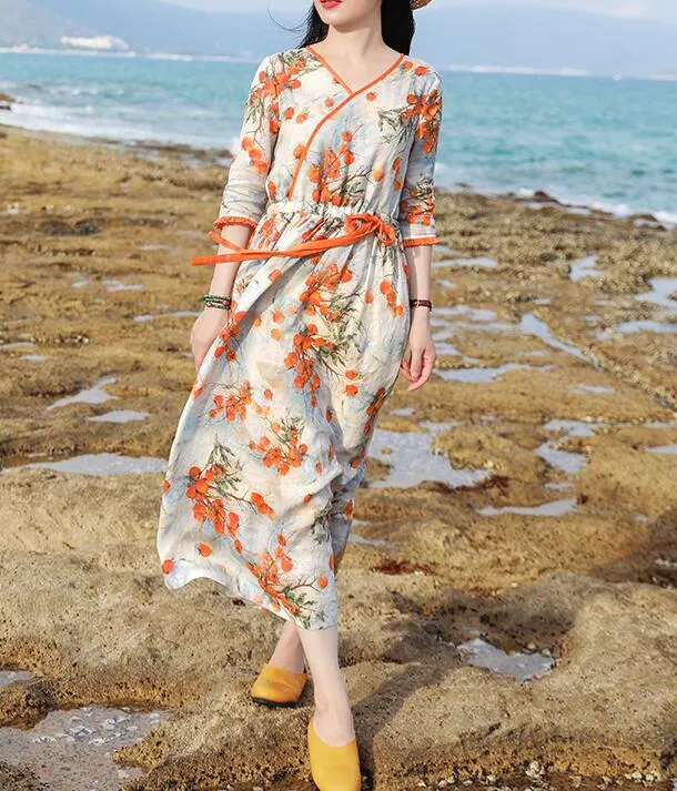 Orange Floral Women Dresses Ramie Casual Spring Linen Women Dresses MN97215