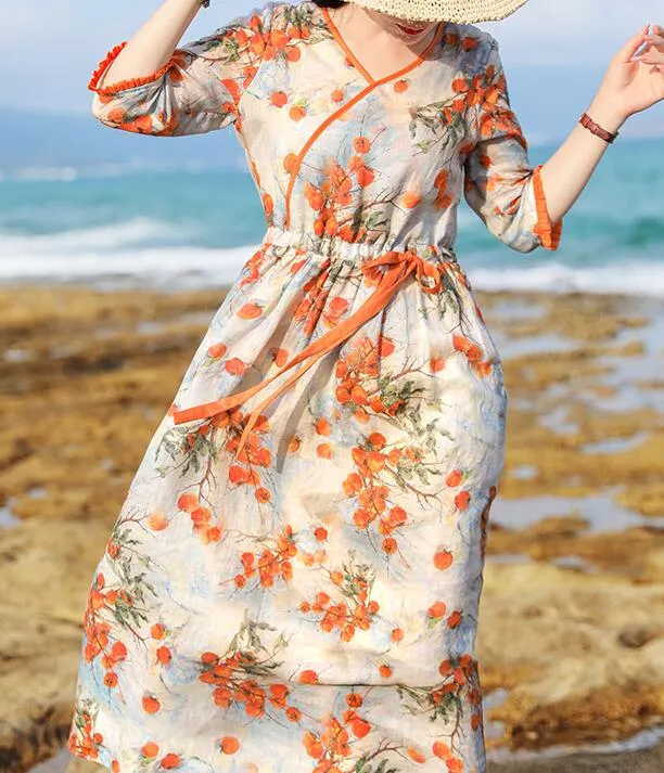 Orange Floral Women Dresses Ramie Casual Spring Linen Women Dresses MN97215