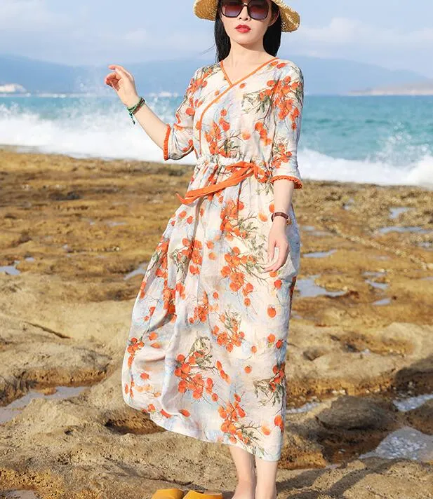 Orange Floral Women Dresses Ramie Casual Spring Linen Women Dresses MN97215