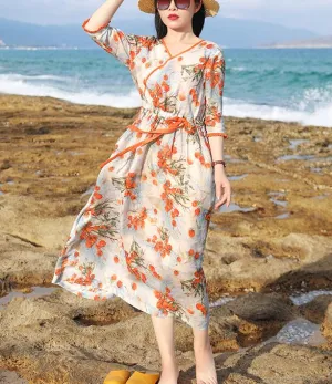 Orange Floral Women Dresses Ramie Casual Spring Linen Women Dresses MN97215