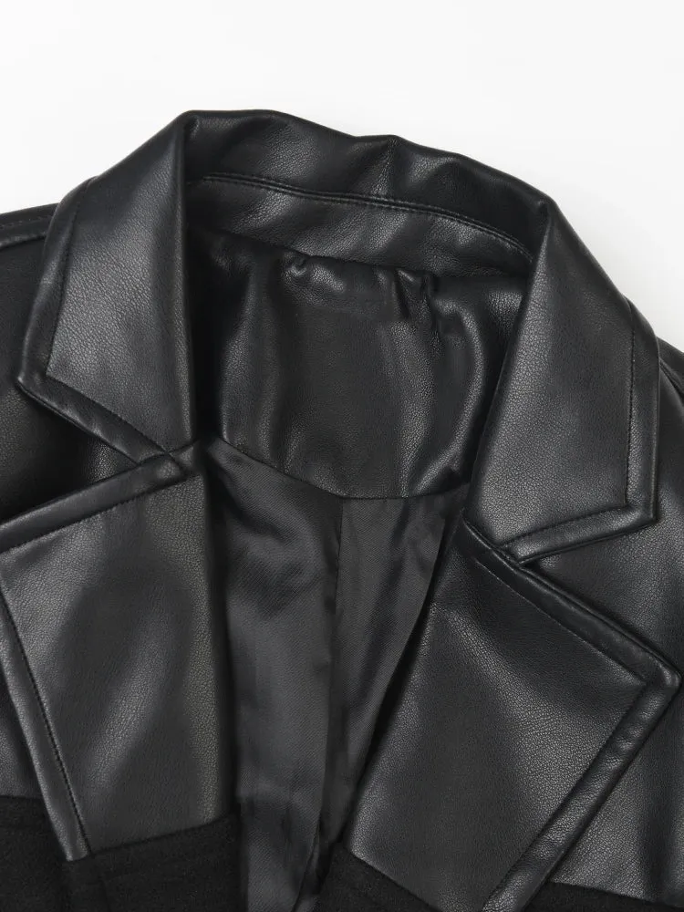 Pre Order:  Vegan Leather Spliced Woolen Coat