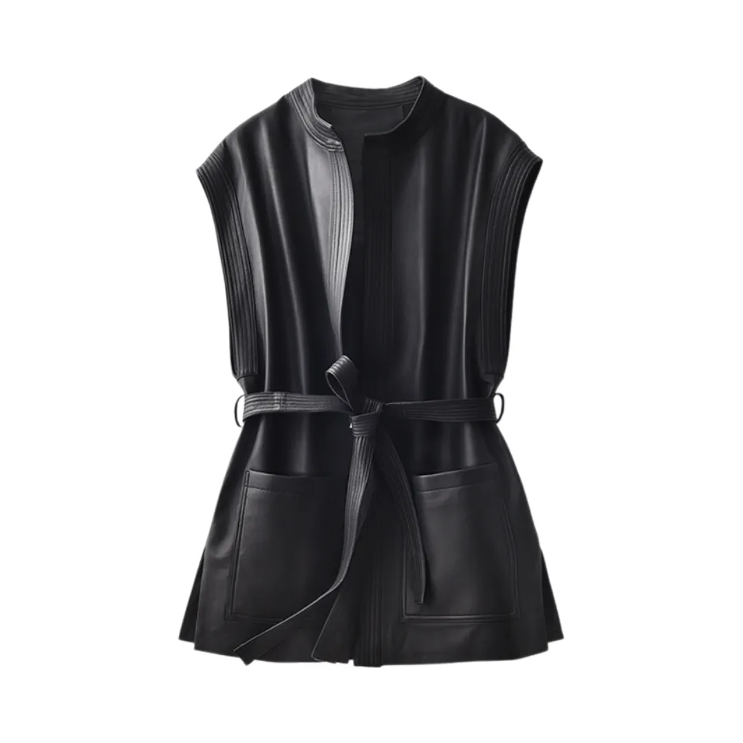 Pre Order:  Waist Cinched Leather Sleeveless Coat