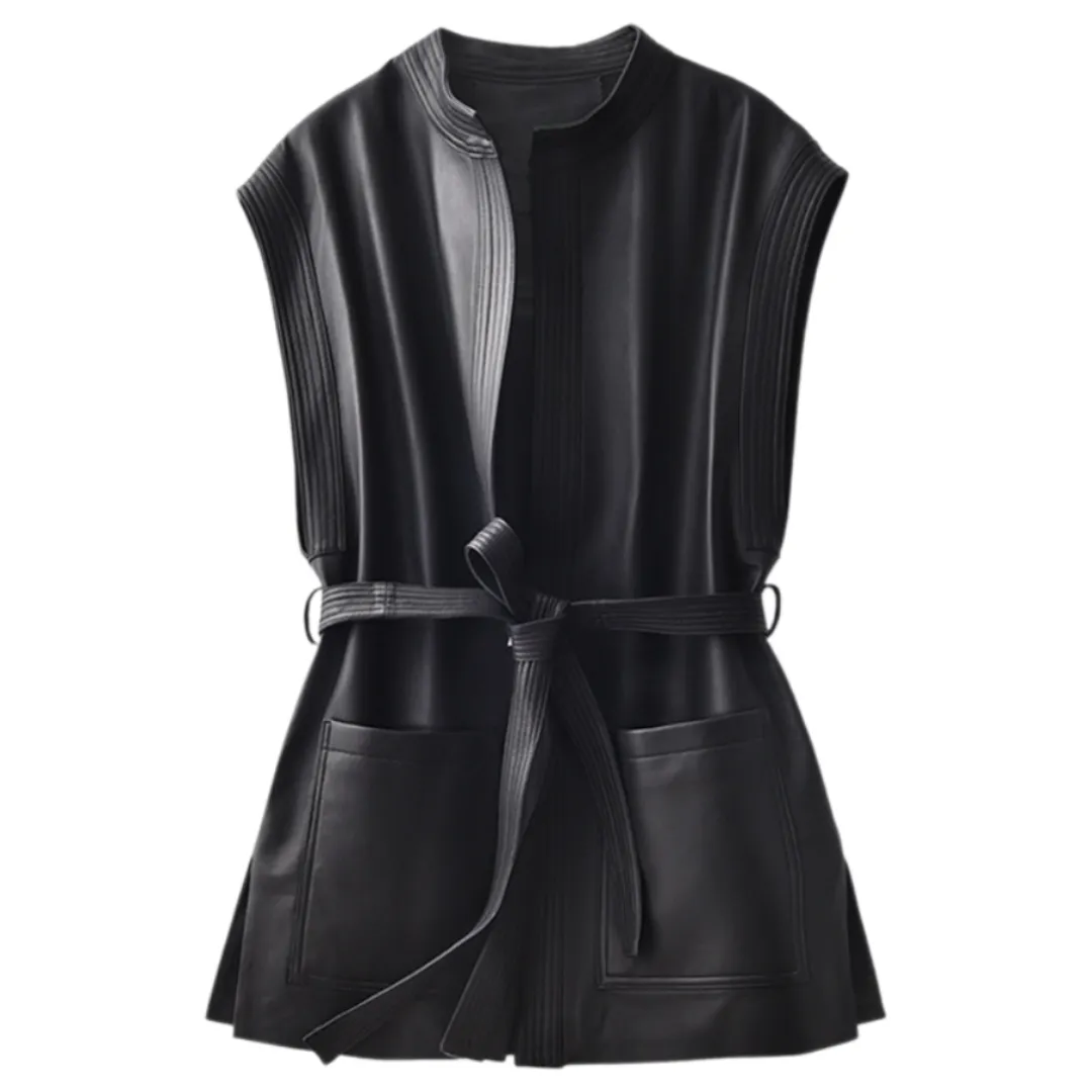 Pre Order:  Waist Cinched Leather Sleeveless Coat