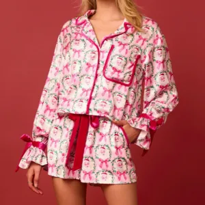 Santa Season Satin Santa & Bow Print Pajama Set