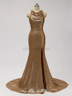 Sexy Mermaid Silt Sequin Sleeveless Appliques Bridesmaid Dresses, YKX016