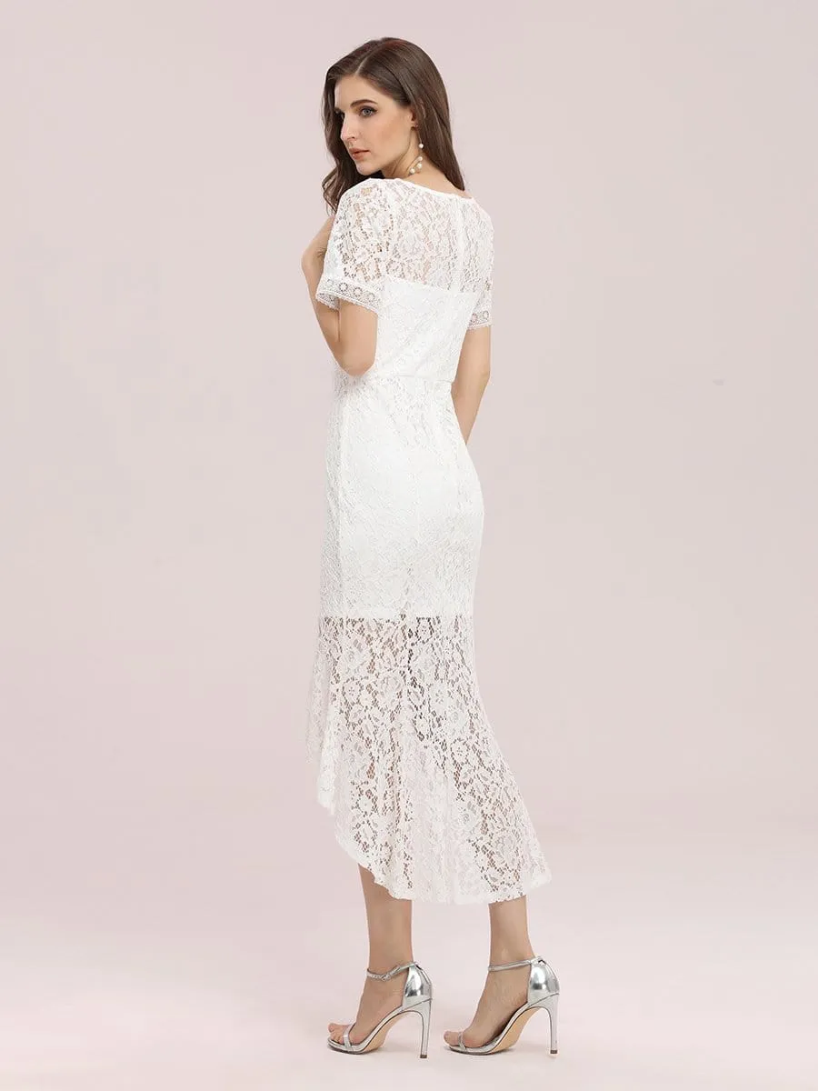 Simple V Neck Fishtail Tea Length Lace Party Dress