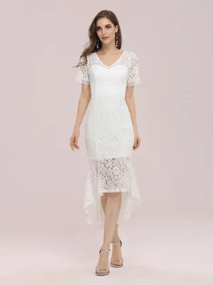 Simple V Neck Fishtail Tea Length Lace Party Dress