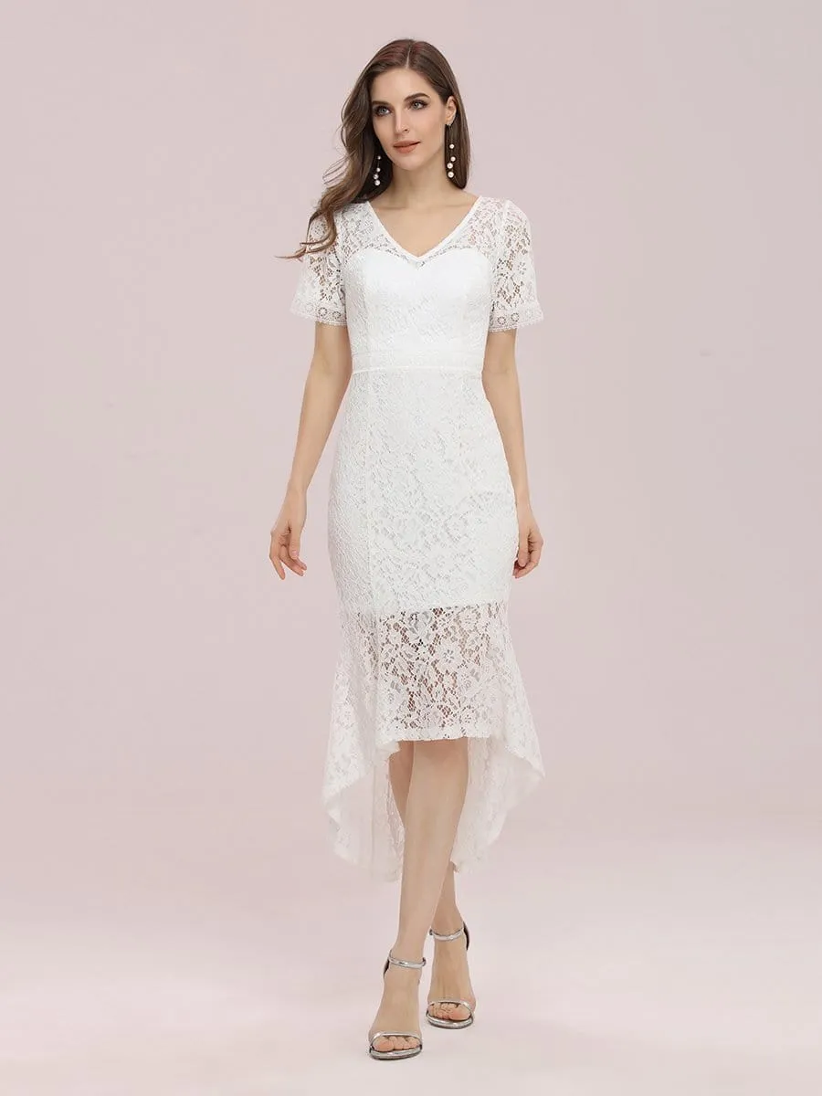 Simple V Neck Fishtail Tea Length Lace Party Dress