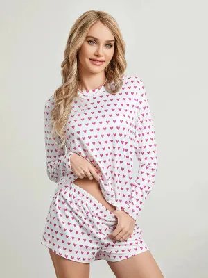 Sleeve Heart Print Tops Casual Shorts Sleepwear Long Pajamas