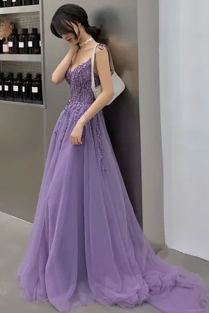 solvbao Purple Lace Long Prom Dresses, A-Line Purple Evening Graduation Dresses