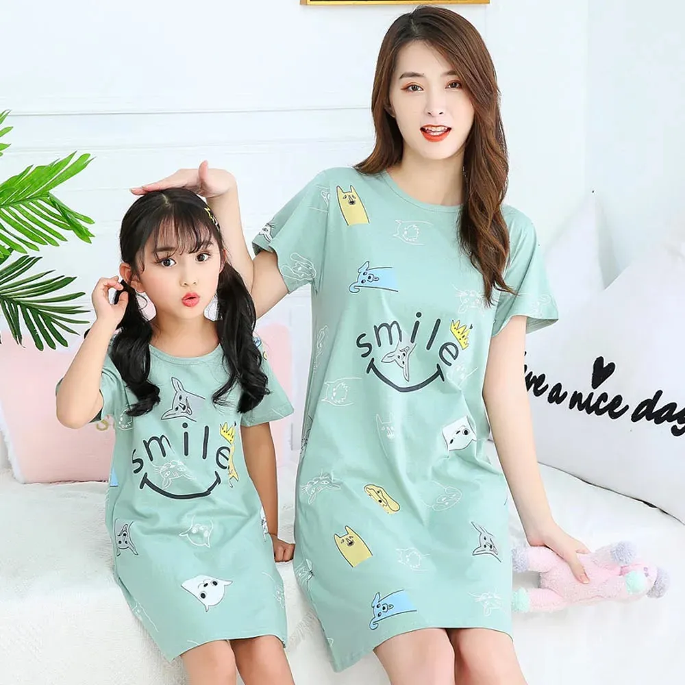 Summer Mom Daughter Night Dress Family Pajamas Sleepwear Kids Girl Nightgown Pajamas for Teen Girls Kids Pajamas Dress