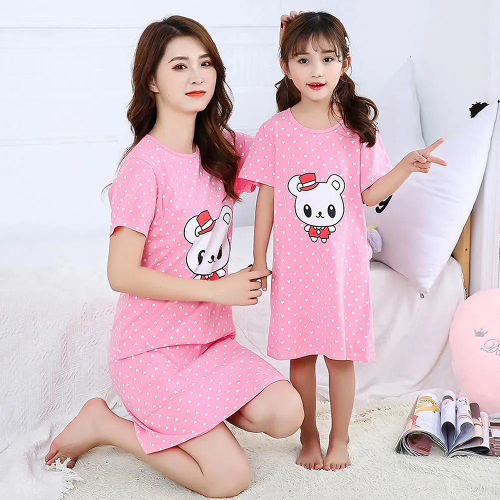 Summer Mom Daughter Night Dress Family Pajamas Sleepwear Kids Girl Nightgown Pajamas for Teen Girls Kids Pajamas Dress