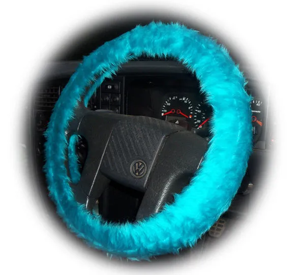 Teal Turquoise fuzzy faux fur car steering wheel cover